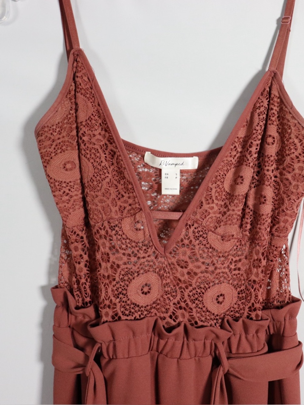 ReVamped Rust Lace Jumpsuit Women’s Small Wide Leg Belted Romper - Picture 7 of 9